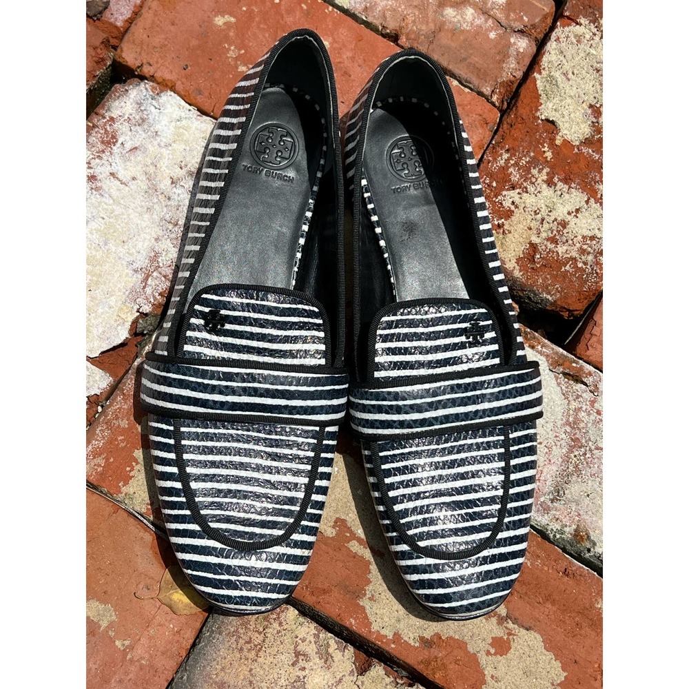 Tory Burch Evette Black White Striped Reptile Loafer Flats Womens Shoes …